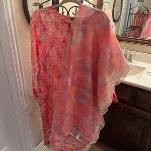 Floral Pink and Red Dress with Sheer Dupatta - Kurta Sharara - NWT